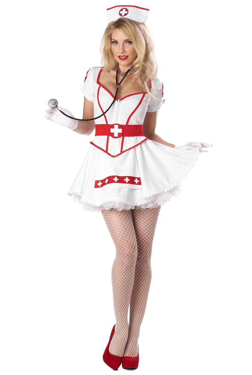 Blonde Nurse wearing White Fishnet Pantyhose and White Short Dress